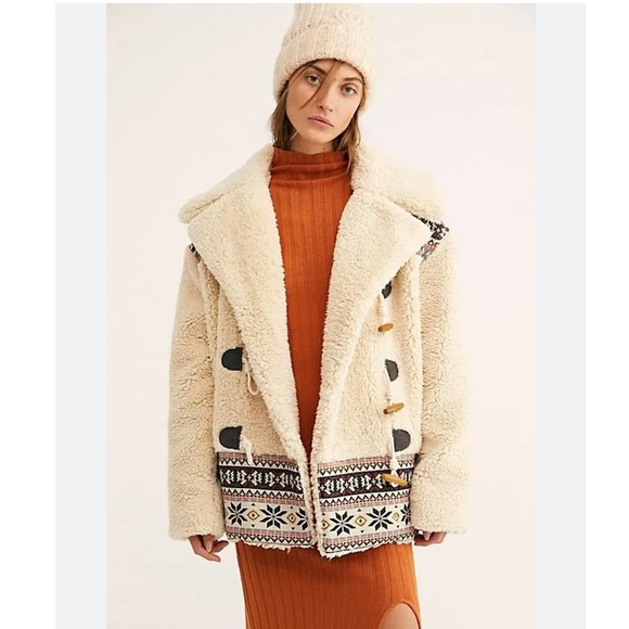 Free People Ivory Oh My Teddy Sherpa Toggle Double Breasted Pile Coat Size Large - Picture 1 of 9